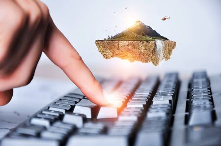 Mountain with snow top and keyboardの写真素材