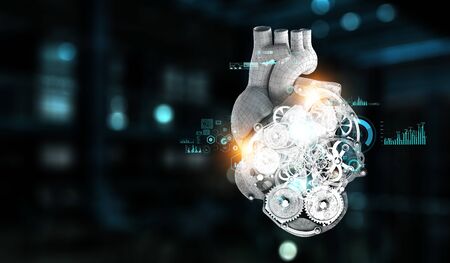 Human heart made of mechanisms and elements. Mixed media