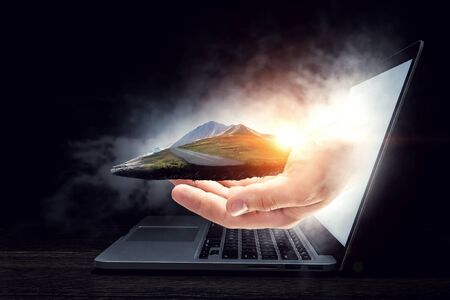 Landscape with snow top mountain floating in the air. Mixed mediaの写真素材