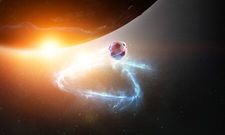 Soccer ball flying in space over Earth planet