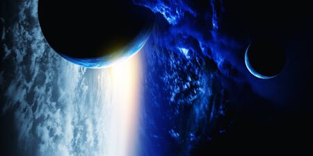 Abstract planets and space texture with sunrise and clouds