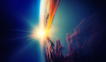 Planet orbit with sunrise and starry skyの写真素材