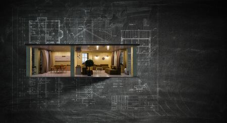 Real estate concept with building model against wall. Mixed mediaの写真素材