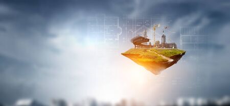 Industrial landscape with chimneys floatingの写真素材