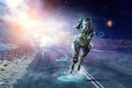 Cyborg silver running woman. Mixed mediaの写真素材