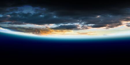 Planet orbit with sunrise and starry sky