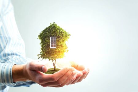 Hand holding green house. Mixed mediaの写真素材