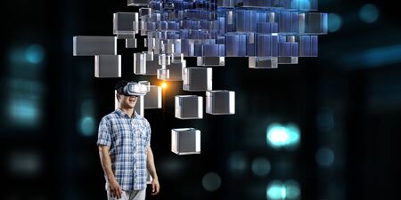 Man wearing virtual reality gogglesの写真素材