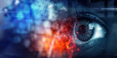Image of human eye in process of scanning. Mixed mediaの写真素材