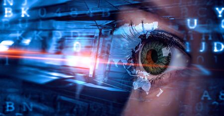 Image of human eye in process of scanning. Mixed mediaの写真素材