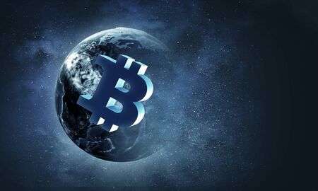 Globe with Bitcoin symbol on blue space textureの写真素材