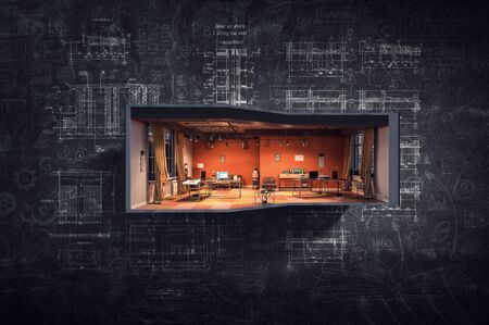 Real estate concept with building model against wall. Mixed media