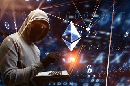 Hacker with laptop trying to unlock code, Ethereum sign