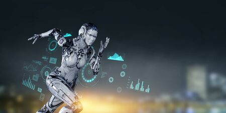 Cyborg silver running woman. Mixed mediaの写真素材