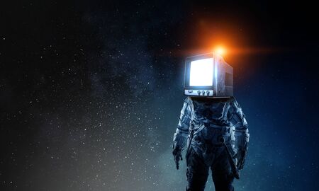 Astronaut with TV head in space. Mixed media.