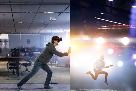Man wearing virtual reality goggles