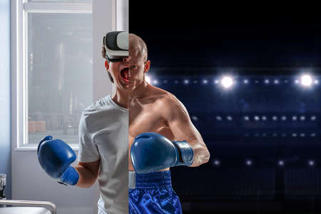 Young man boxing. Mixed media . Mixed mediaの写真素材