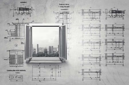 Open window with city view . Mixed media