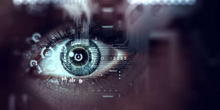 Close up of woman eye in process of scanningの写真素材