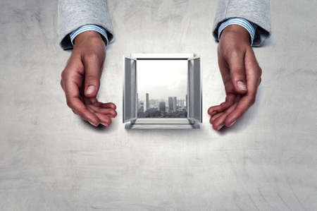 Open window with city viewの写真素材
