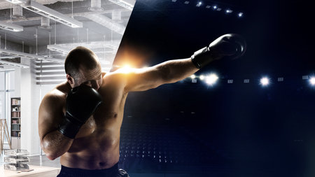 Young man boxing. . Mixed mediaの写真素材