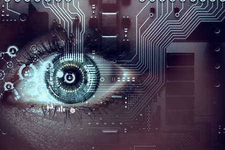 Close up of woman eye in process of scanningの写真素材