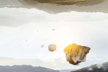 Landscape with mountain floating in the airの写真素材