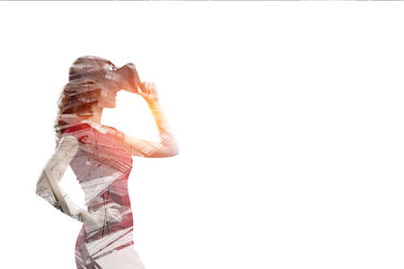 Woman wearing virtual reality gogglesの写真素材