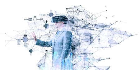 Businessman in VR glasses . Mixed media