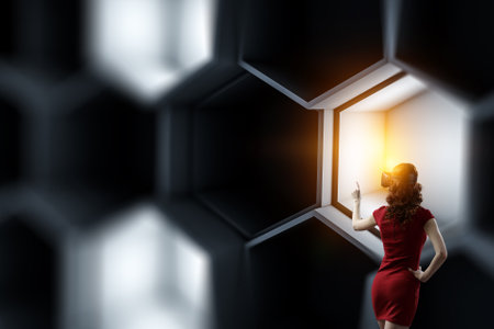 Woman wearing virtual reality gogglesの写真素材