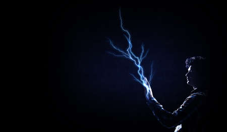 Lightning against dark background . Mixed mediaの写真素材