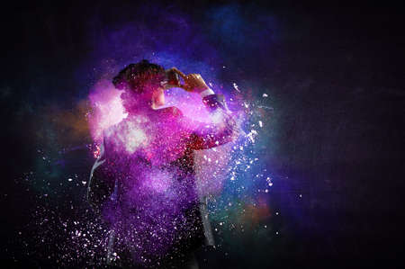 man wearing virtual reality gogglesの写真素材