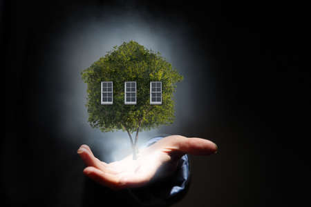 Hand holding green house . Mixed mediaの写真素材