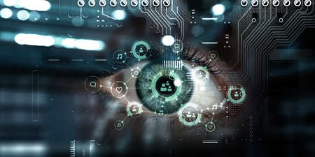 Close up of woman eye in process of scanningの写真素材