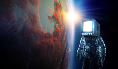 Astronaut with TV head in space. Mixed media.
