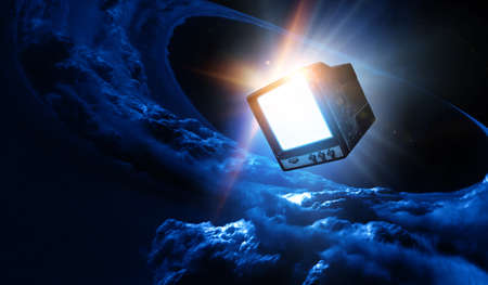 Retro TV flying in spaceの写真素材