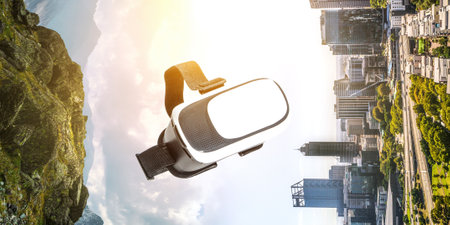 Image of floating virtual reality goggles . Mixed media
