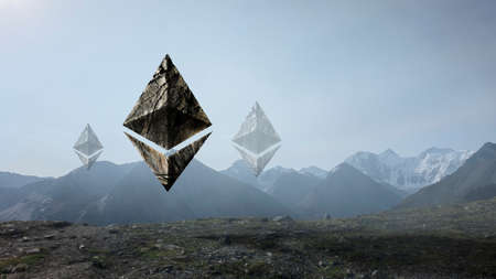 Ethereum symbols on landscape background