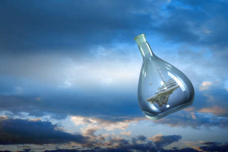 Industrial landscape with chimneys inside glass bottleの写真素材