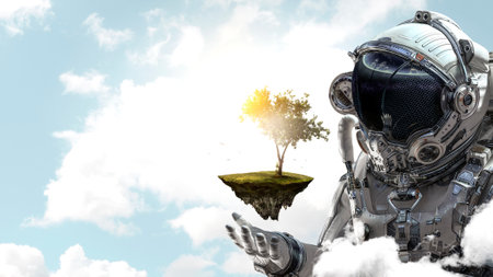 Astronaut against cloudy sky background . Mixed mediaの写真素材