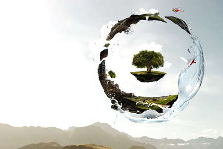Green sphere landscape with grass and clear water