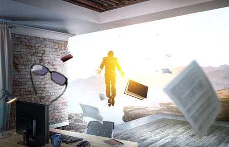 Business man flying up . Mixed media