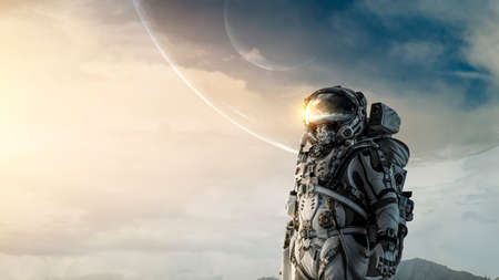 Astronaut walking on an unexplored planet
