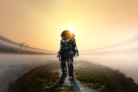 Astronaut walking on an unexplored planetの写真素材