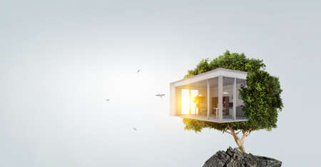 Green grass eco house . Mixed media