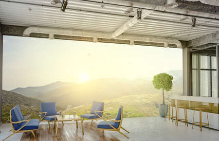 Natural living room interior without one wallの写真素材