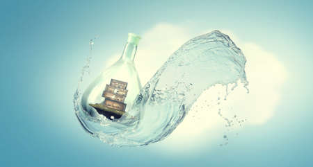 House inside a floating glass bottle . Mixed mediaの写真素材