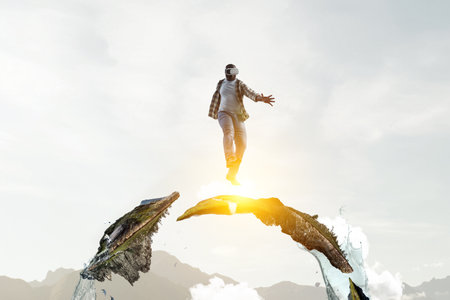 Man wearing virtual reality gogglesの写真素材