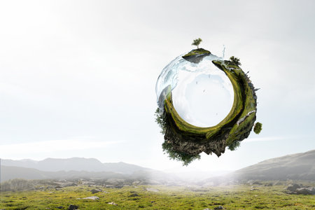 Green sphere landscape with grass and clear water