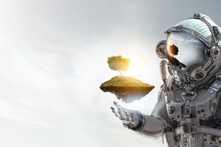 Astronaut against cloudy sky backgroundの写真素材